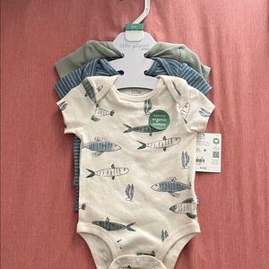 Organic Cotton Fish Print Onesie Set - Blue and Cream